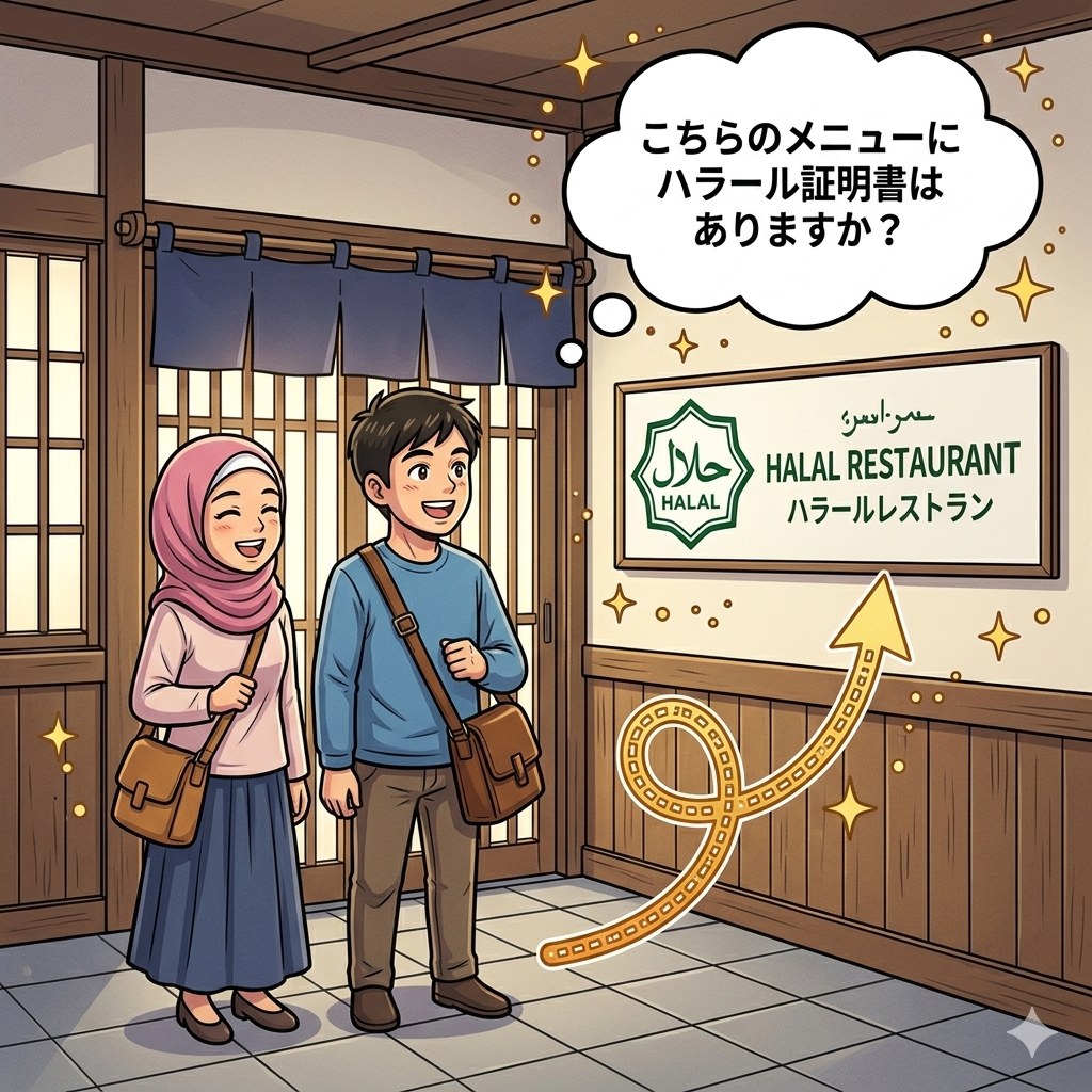 ムスリム旅行客がレストランに来店するシーン